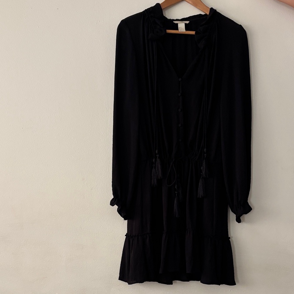 H&M Black Long-Sleeve Tassel Tie Tiered Chiffon Dress
